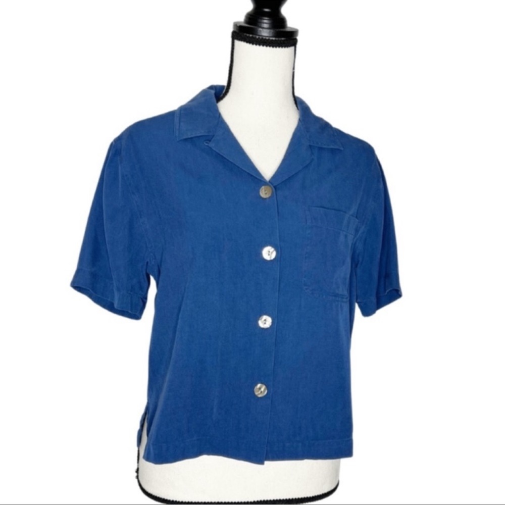TOMMY BAHAMA Blue Button Down Silk Cropped Short Sleeve Shirt 4/6